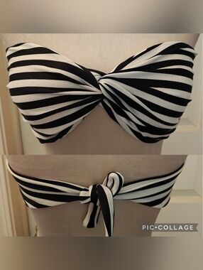 Y2K ASOS Black & White Striped Strapless Bandeau Bikini Top w Twist Front.